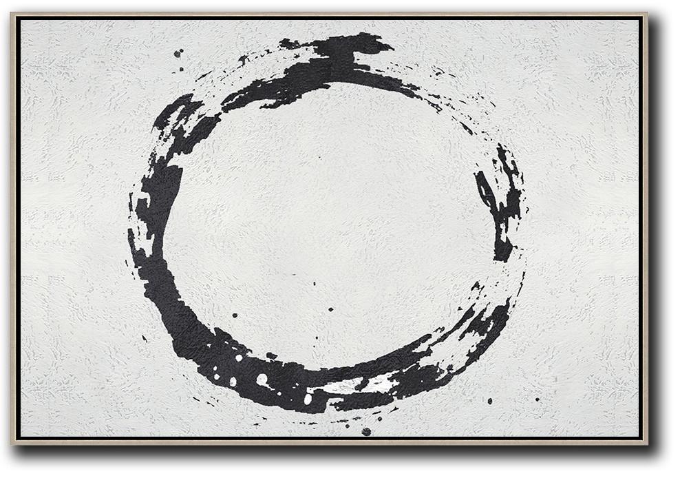 Hand-Painted Oversized Horizontal Minimalist Circle Art On Canvas, Black And White Minimalist Painting - Large Abstract Painting Class Room Extra Large